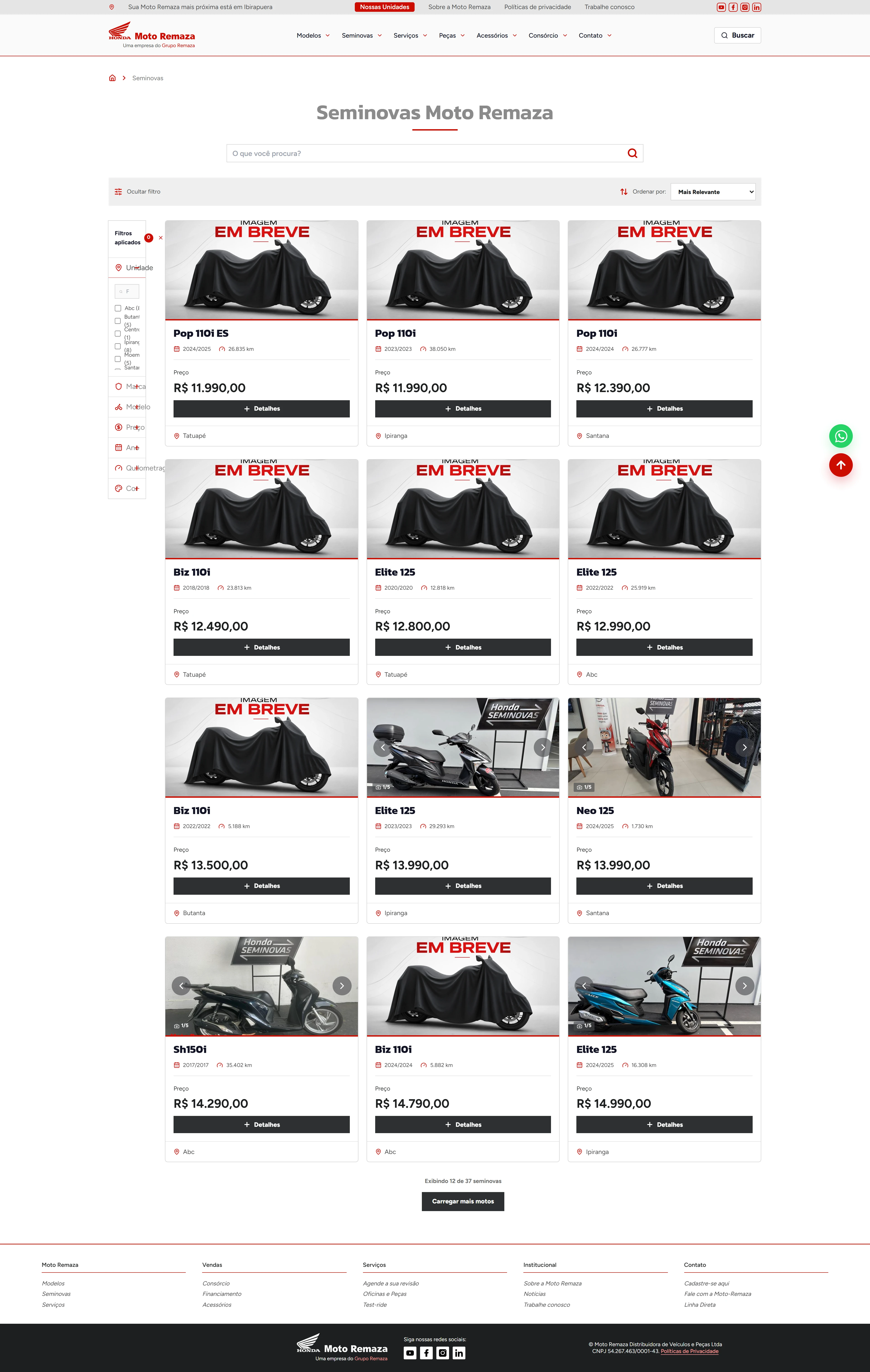Listagem de motos seminovas com filtros no site Moto Remaza